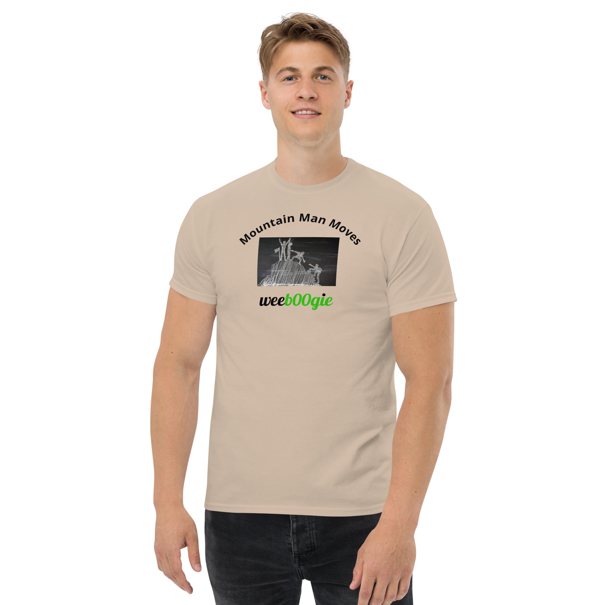 Unisex t-shirt with 'Mountain Man Moves' slogan, styled for outdoor adventures and dance challenges – set against a bold, mountainous backdrop.