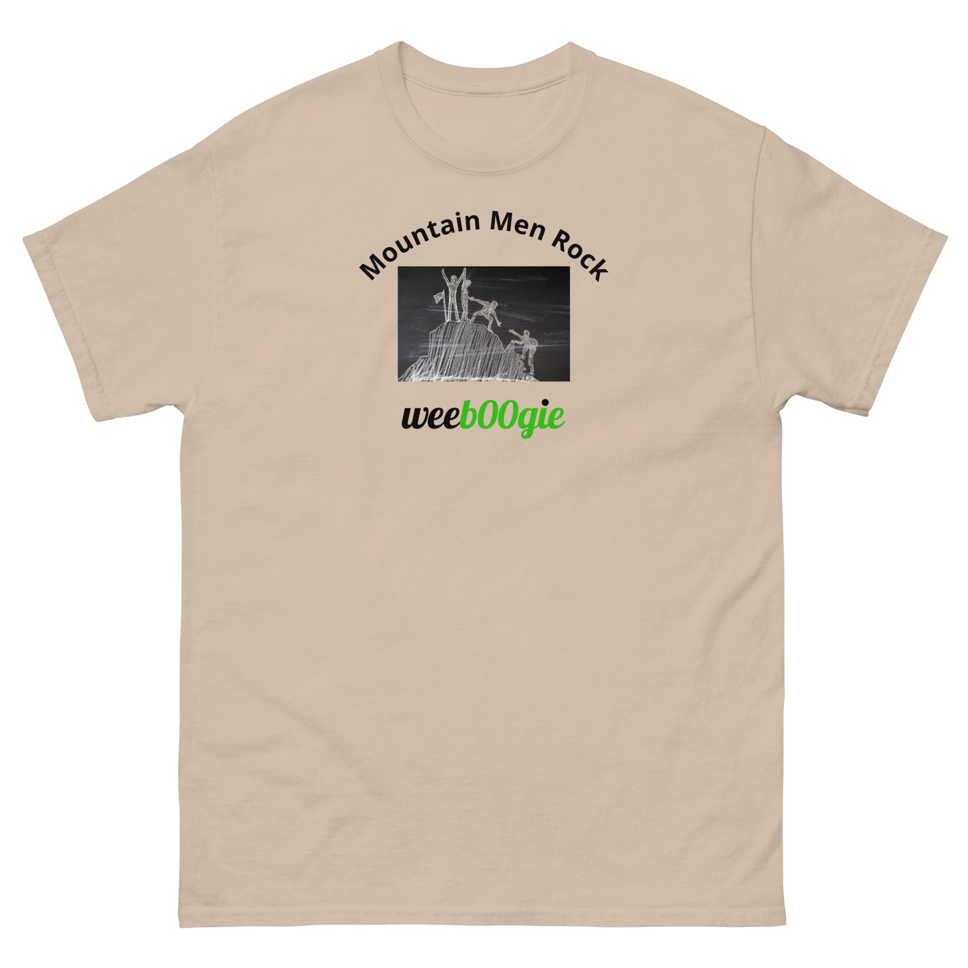 Unisex t-shirt with 'Mountain Men Rock' slogan, styled for outdoor adventures and dance challenges – set against a bold, mountainous backdrop.