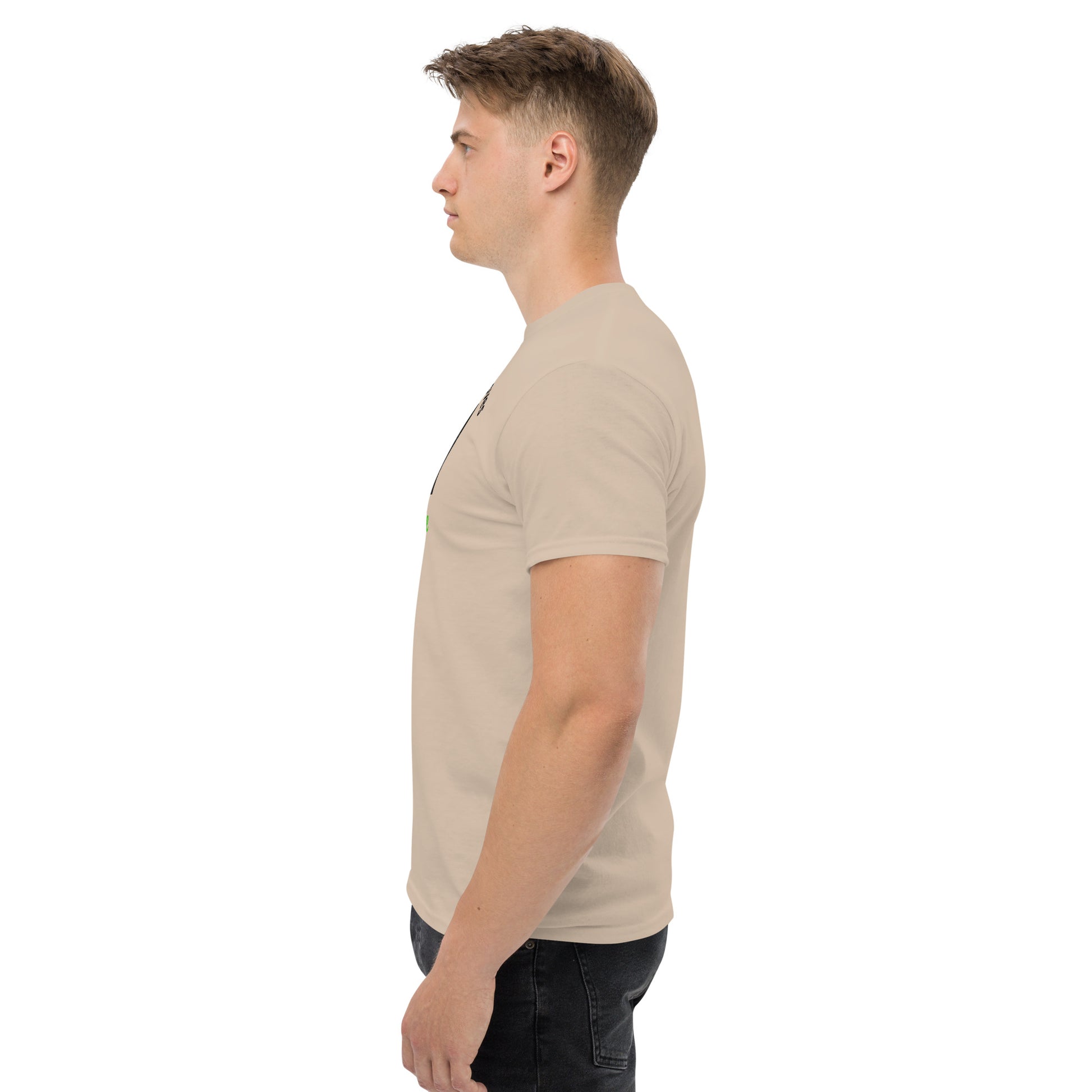 Unisex t-shirt with 'Mountain Man Moves' slogan, styled for outdoor adventures and dance challenges – set against a bold, mountainous backdrop.