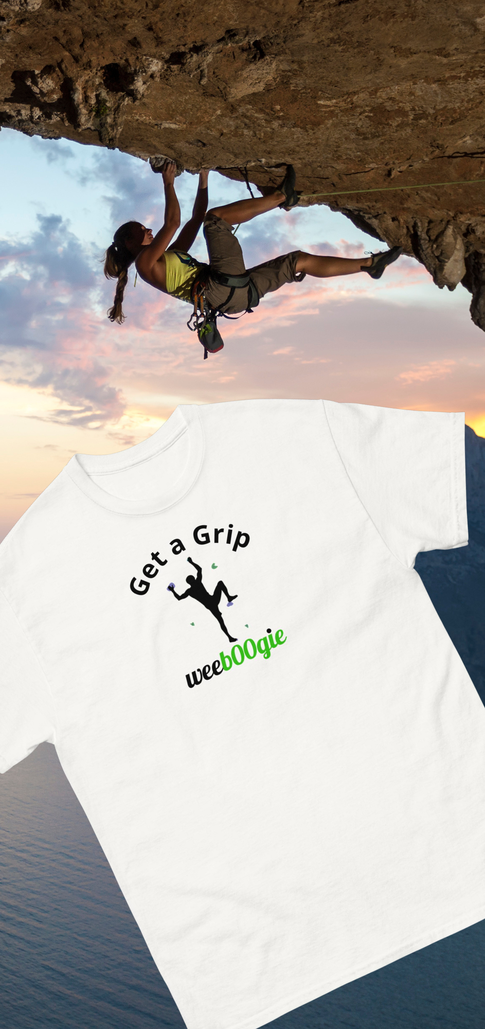 Unisex Classic Tee - Premium Cotton Blend with Classic Fit in White - Comfortable Regular Fit with Short Sleeves - Perfect for Climbing Adventures, Mountaineering and Outdoor Activities featuring the words Get a Grip - wee b00gie store