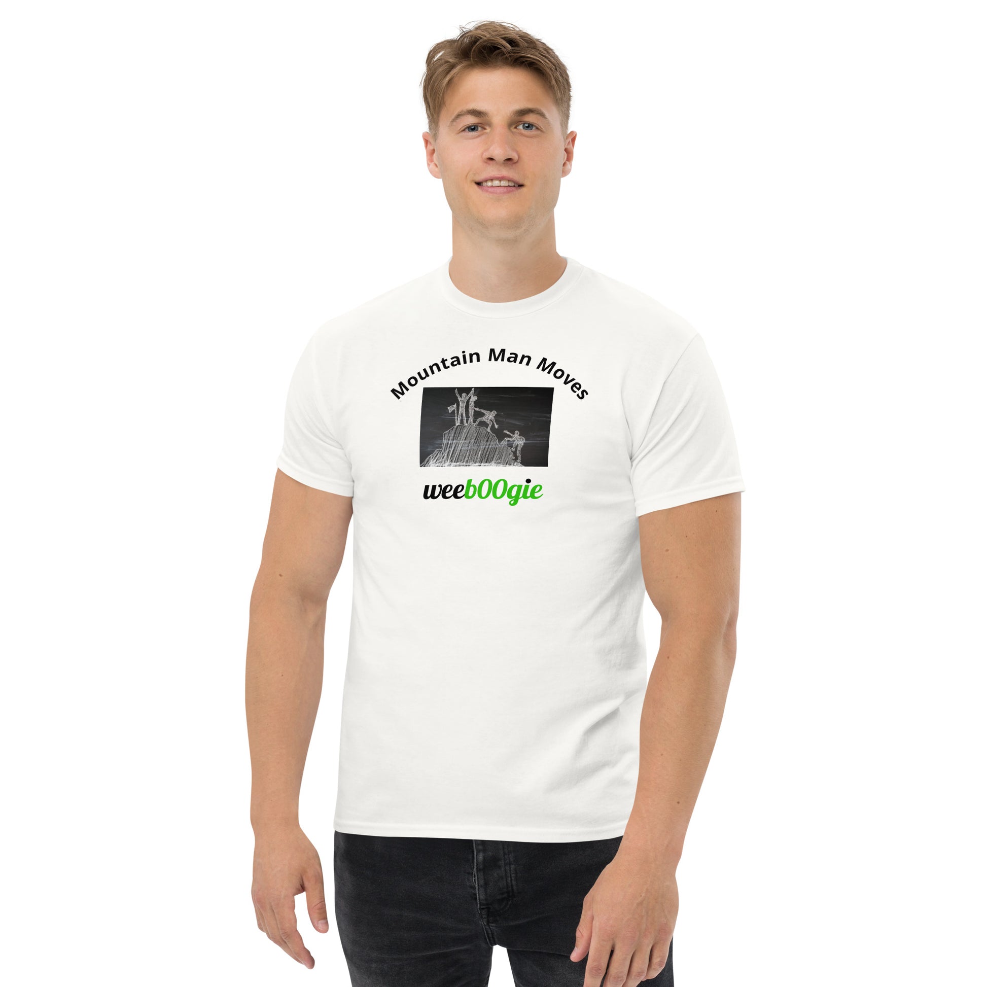 Unisex t-shirt with 'Mountain Man Moves' slogan, styled for outdoor adventures and dance challenges – set against a bold, mountainous backdrop.