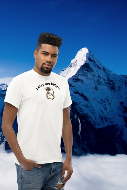 Unisex Classic Tee - Premium Cotton Blend with Classic Fit in White - Comfortable Regular Fit with Short Sleeves - Perfect for Climbing Adventures, Mountaineering and Rock Climbing featuring the words belay me b00ger and a Belay Device image - wee b00gie store