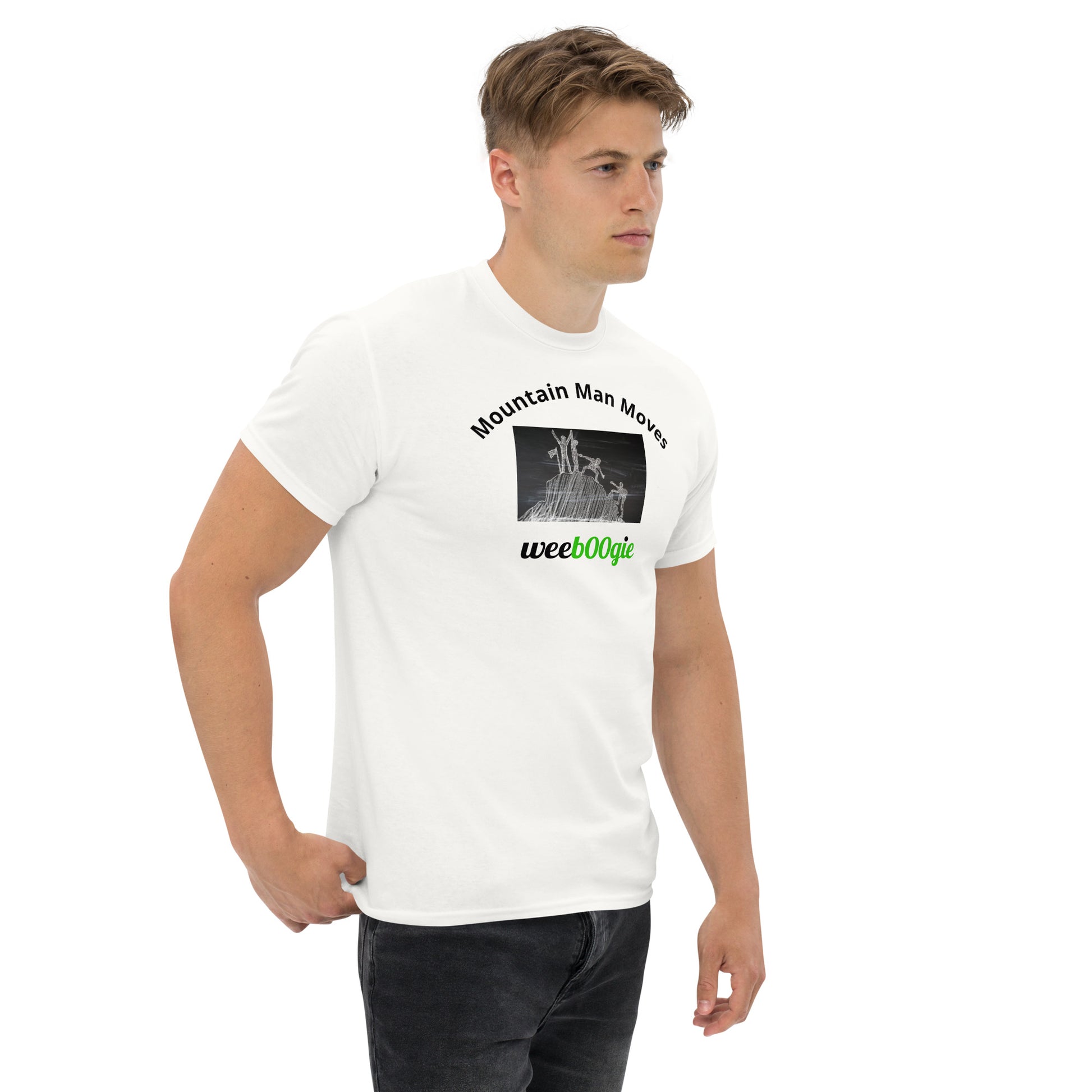 Unisex t-shirt with 'Mountain Man Moves' slogan, styled for outdoor adventures and dance challenges – set against a bold, mountainous backdrop.
