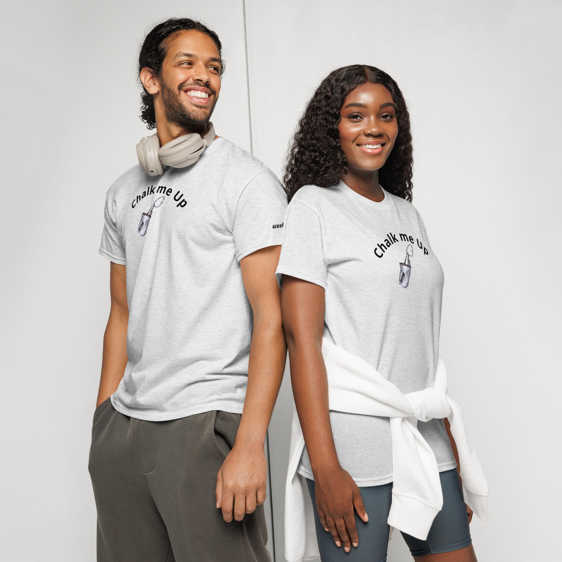Unisex DryBlend t-shirt with 'Chalk Me Up' slogan, styled for climbers. Lightweight and breathable.