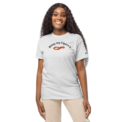 DryBlend® T-Shirt - Premium Cotton Blend with Classic Fit in White - Comfortable Regular Fit with Short Sleeves - Perfect for Climbing Adventures, Outdoor Activities and Rock Climbing featuring the words Belay my Figure 8 and a Figure 8 Rock Climbers Belay Device in Gold Colour - wee b00gie store