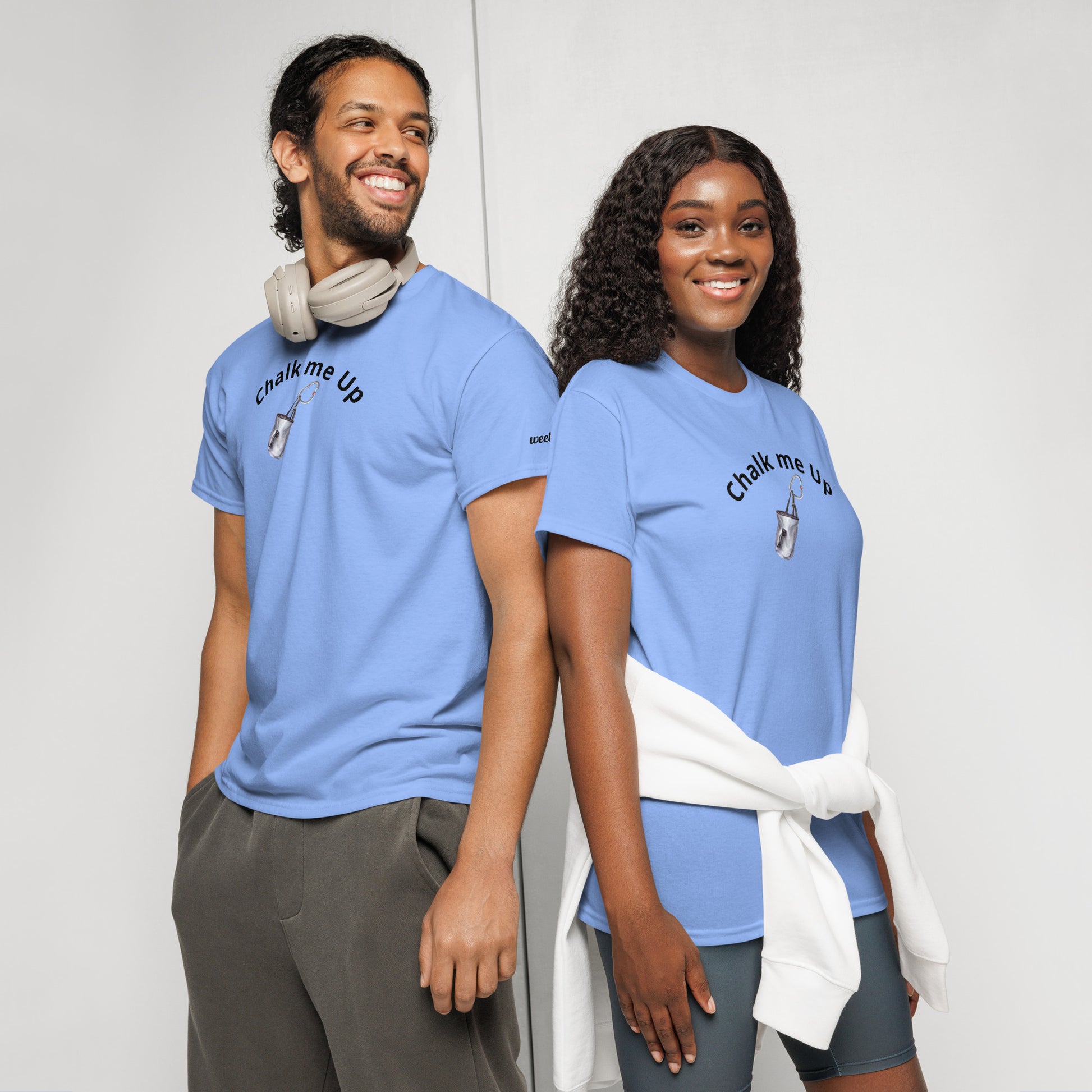Unisex DryBlend t-shirt with 'Chalk Me Up' slogan, styled for climbers. Lightweight and breathable.