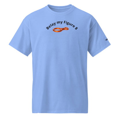 Unisex sports t-shirt with 'Belay my Figure 8' slogan, styled for climbers with a playful twist.