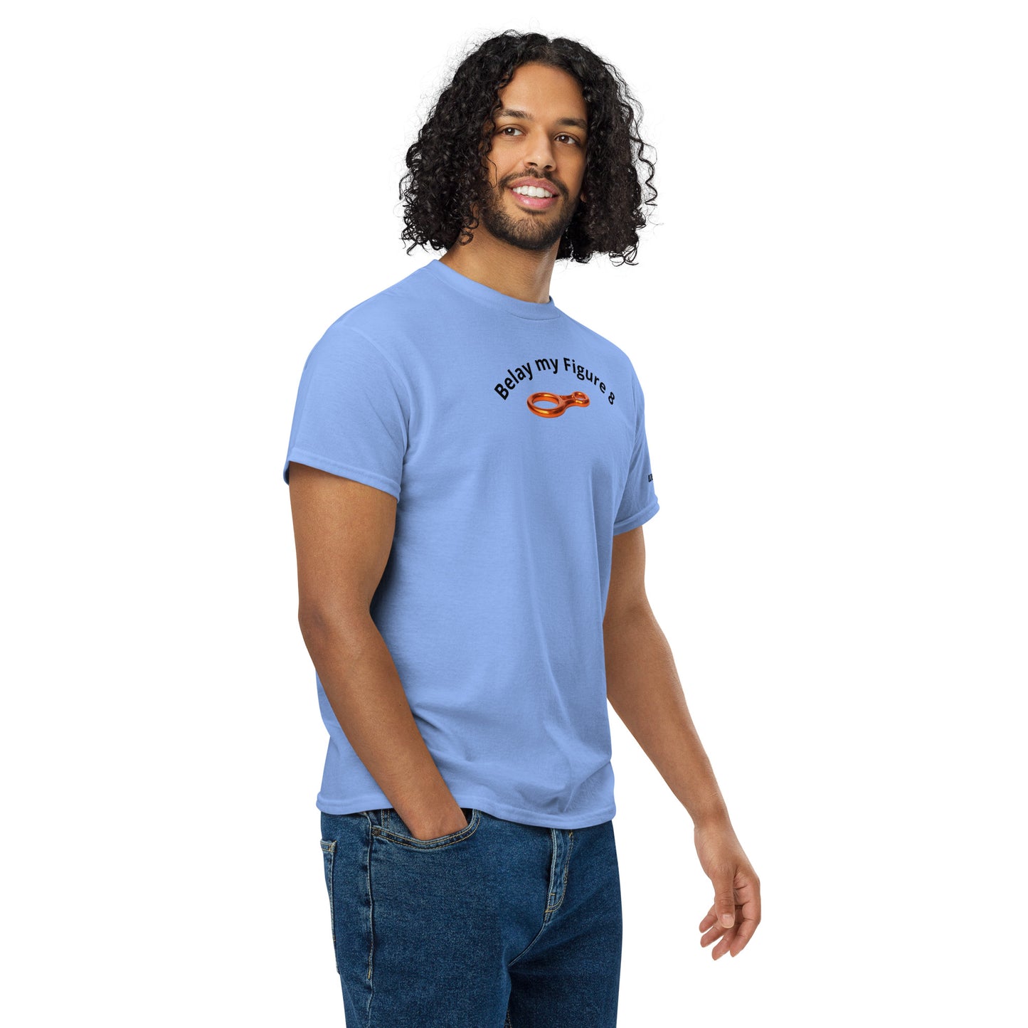 Unisex sports t-shirt with 'Belay my Figure 8' slogan, styled for climbers with a playful twist.