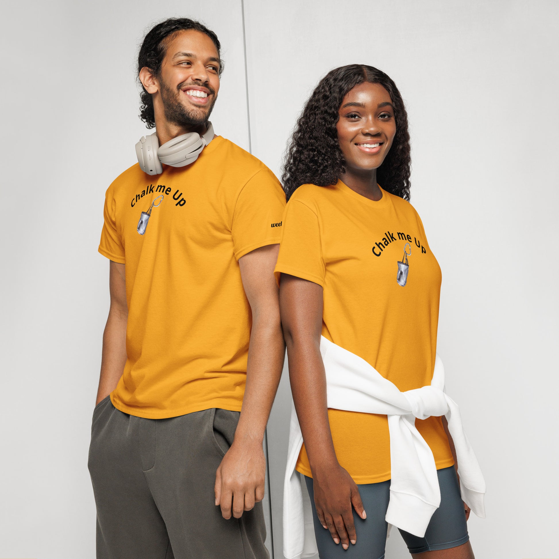 Unisex DryBlend t-shirt with 'Chalk Me Up' slogan, styled for climbers. Lightweight and breathable.