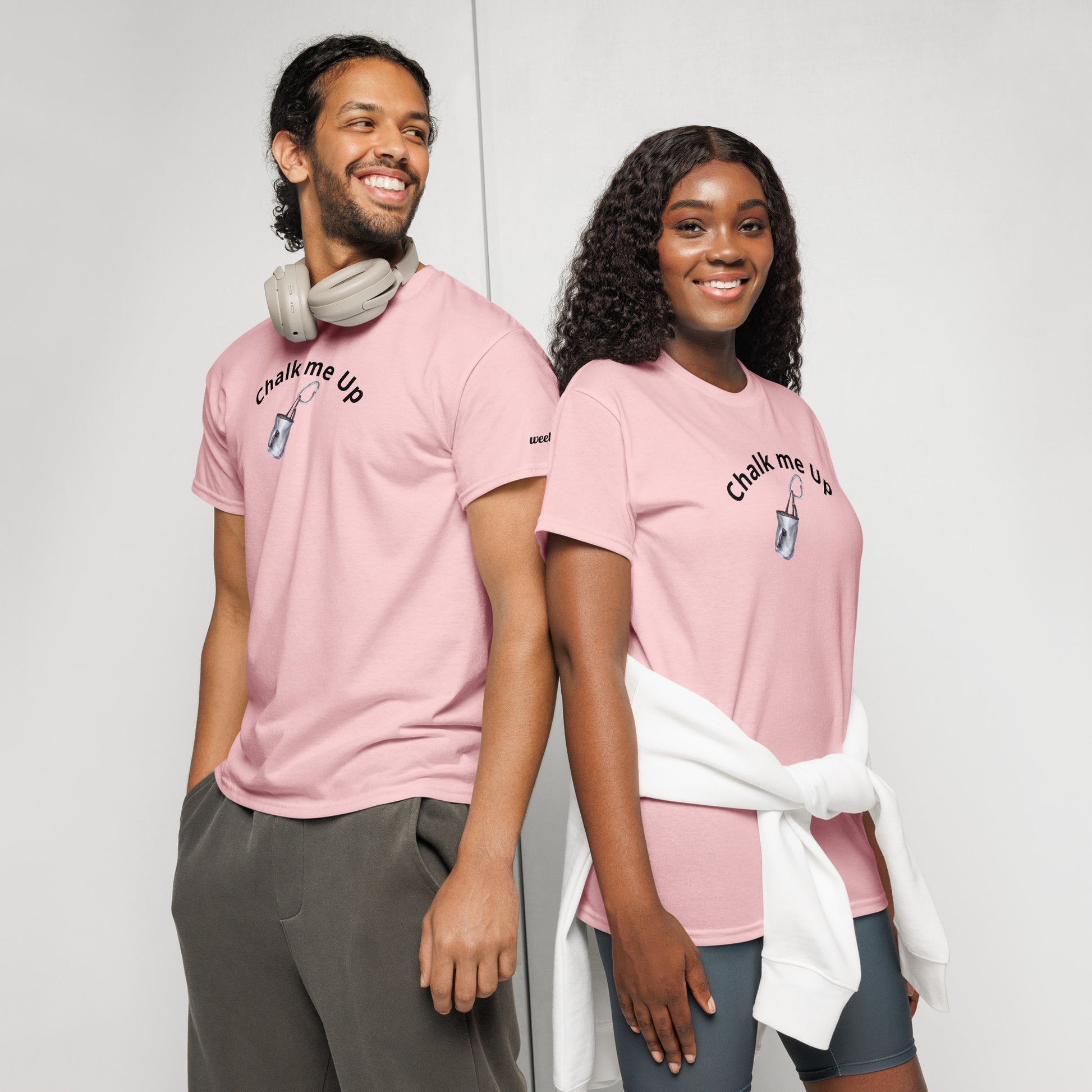 Unisex DryBlend t-shirt with 'Chalk Me Up' slogan, styled for climbers. Lightweight and breathable.