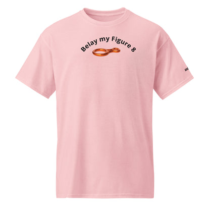 Unisex sports t-shirt with 'Belay my Figure 8' slogan, styled for climbers with a playful twist.