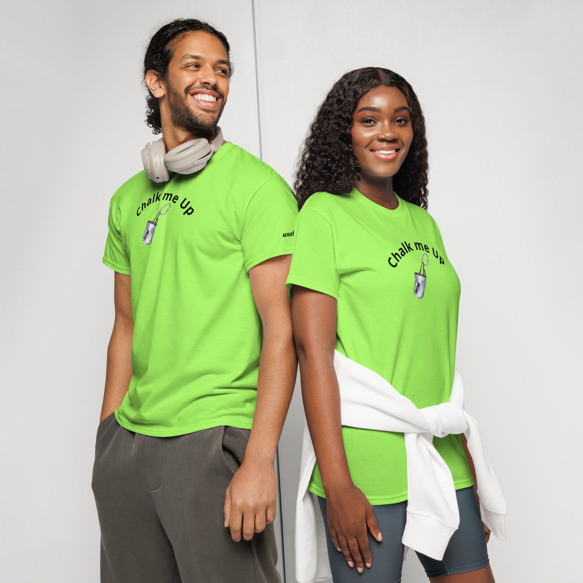 Unisex DryBlend t-shirt with 'Chalk Me Up' slogan, styled for climbers. Lightweight and breathable.