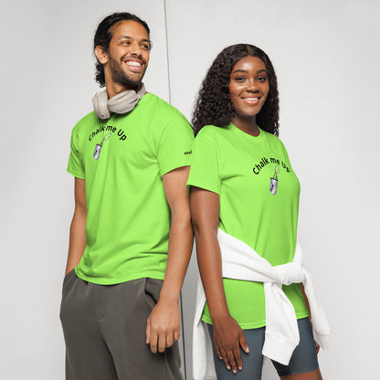 Unisex DryBlend t-shirt with 'Chalk Me Up' slogan, styled for climbers. Lightweight and breathable.