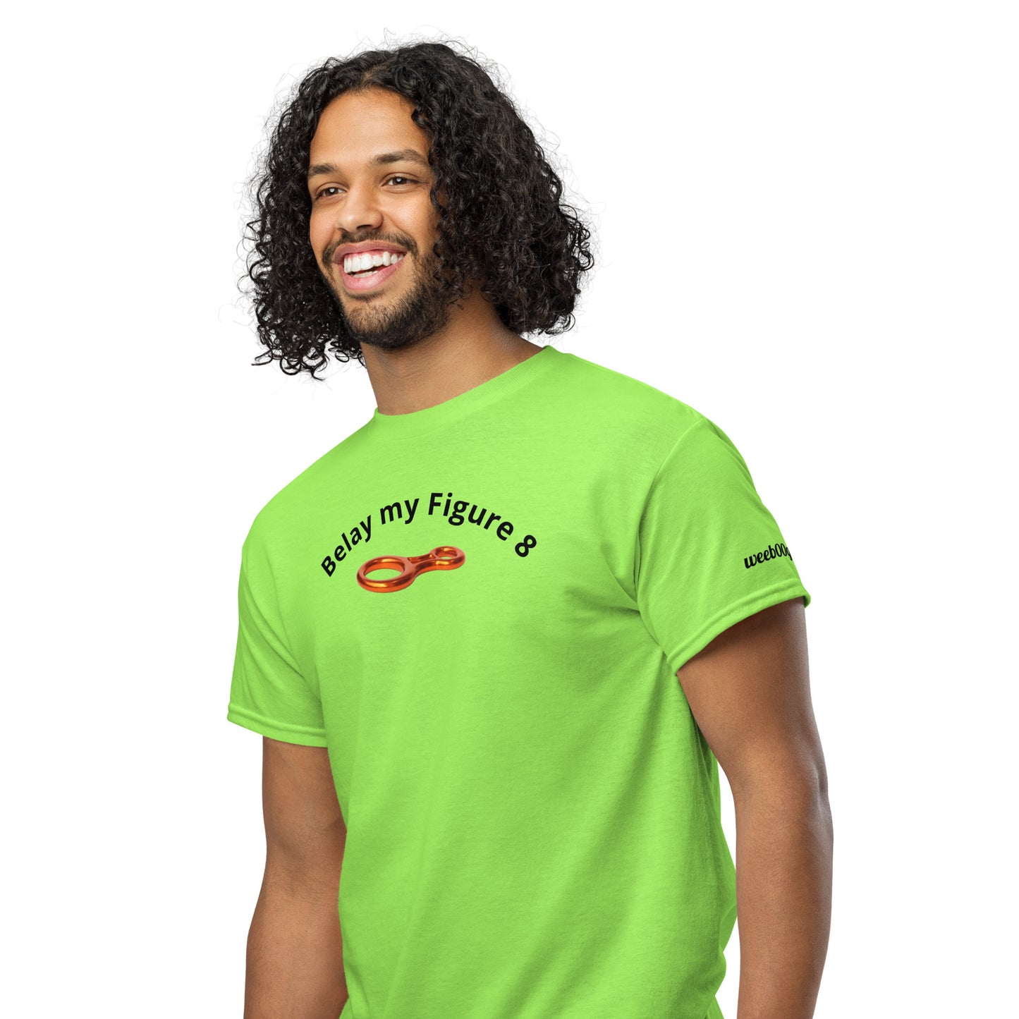 Unisex sports t-shirt with 'Belay my Figure 8' slogan, styled for climbers with a playful twist.