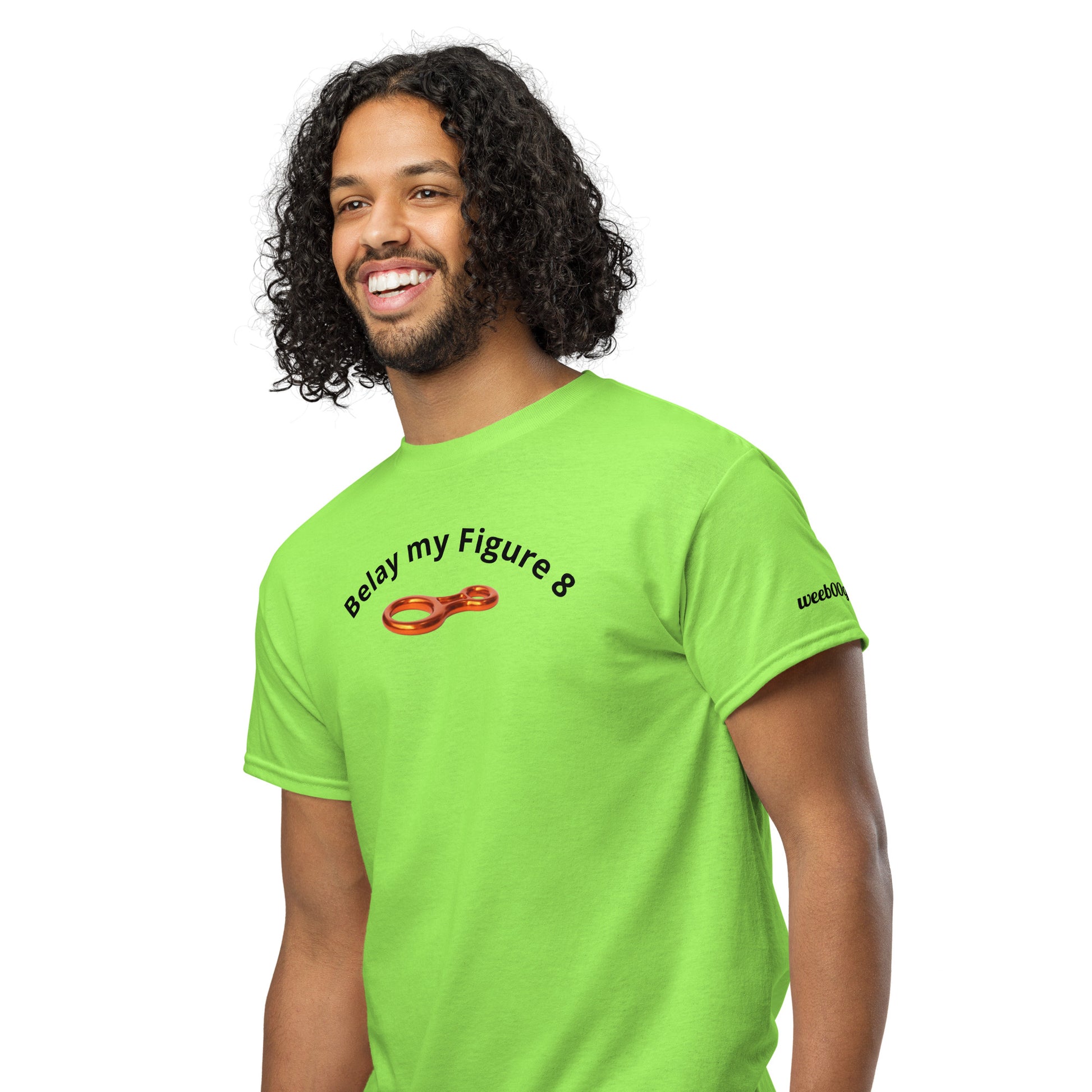 Unisex sports t-shirt with 'Belay my Figure 8' slogan, styled for climbers with a playful twist.