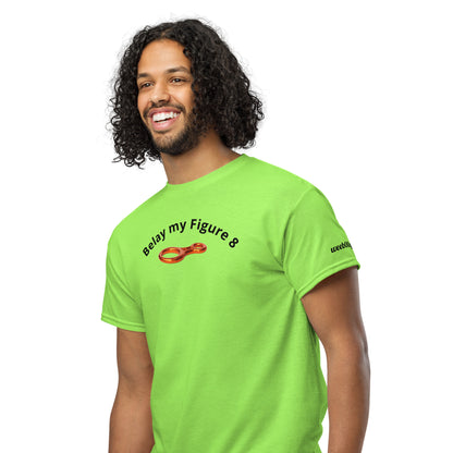 Unisex sports t-shirt with 'Belay my Figure 8' slogan, styled for climbers with a playful twist.