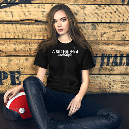 Unisex Staple T-Shirt with 'A Riff Hit Hard' Design and wee b00gie Logo - 100% Airlume Combed Ring-Spun Cotton with Side-Seamed Construction - Classic Fit with Shoulder-to-Shoulder Taping - Perfect for Music Lovers and Dance Enthusiasts - wee b00gie store