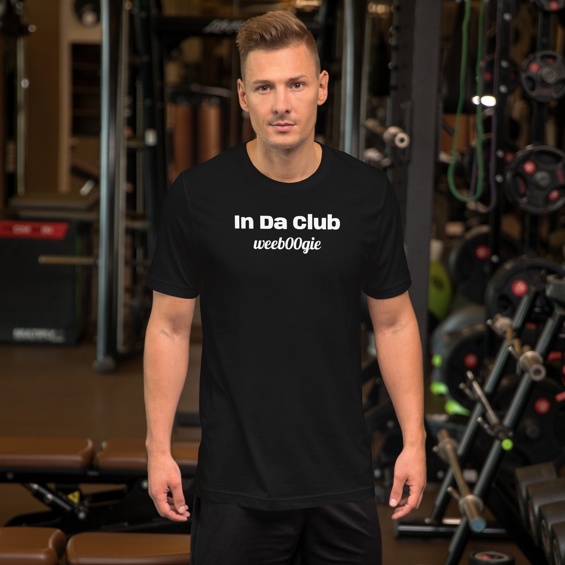 Unisex Staple T-Shirt with 'In Da Club' Design and wee b00gie Logo - 100% Airlume Combed Ring-Spun Cotton with Side-Seamed Construction - Classic Fit with Shoulder-to-Shoulder Taping - Perfect for Music Lovers and Dance Enthusiasts - wee b00gie store