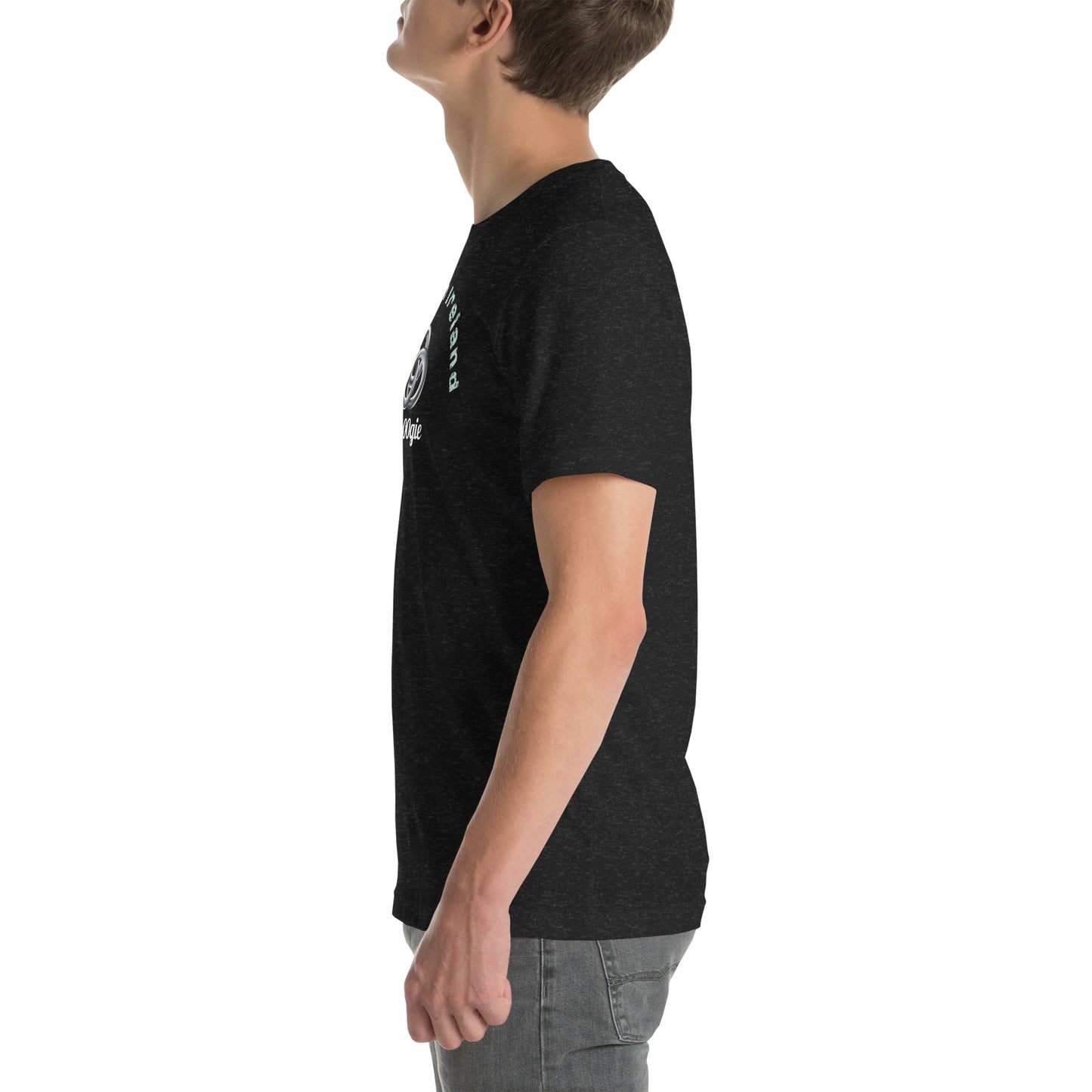 Unisex Staple T-Shirt in Black Heather with 'Hitched in Ireland' Design and wee b00gie Logo - 100% Airlume Combed Ring-Spun Cotton with Side-Seamed Construction - Classic Fit with Shoulder-to-Shoulder Taping - Perfect for Those Just Married in Ireland - Dance Around Our Beautiful Island on Your Honeymoon - wee b00gie store