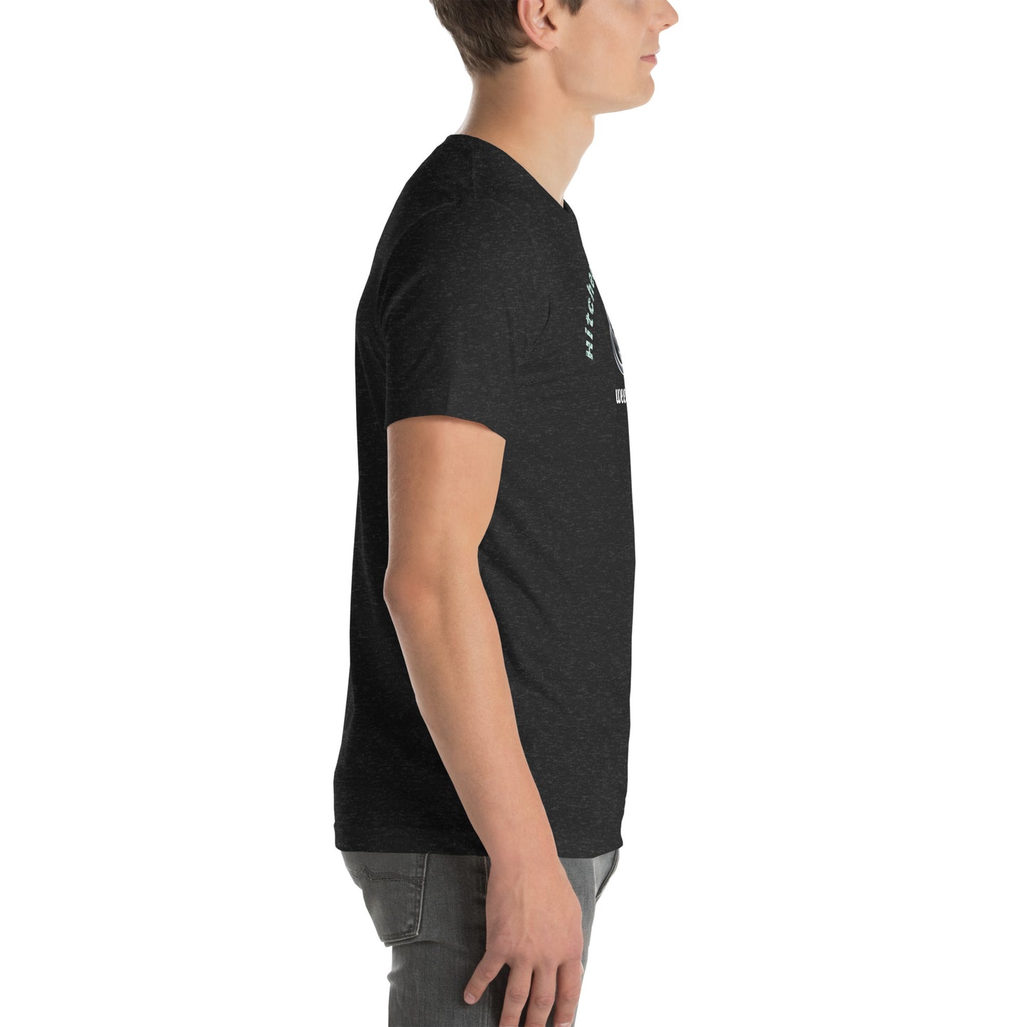 Unisex Staple T-Shirt in Black Heather with 'Hitched in Ireland' Design and wee b00gie Logo - 100% Airlume Combed Ring-Spun Cotton with Side-Seamed Construction - Classic Fit with Shoulder-to-Shoulder Taping - Perfect for Those Just Married in Ireland - Dance Around Our Beautiful Island on Your Honeymoon - wee b00gie store