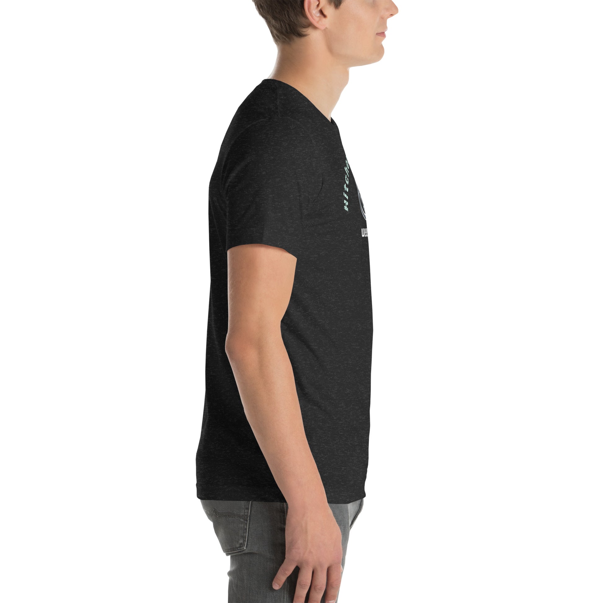 Unisex Staple T-Shirt in Black Heather with 'Hitched in Ireland' Design and wee b00gie Logo - 100% Airlume Combed Ring-Spun Cotton with Side-Seamed Construction - Classic Fit with Shoulder-to-Shoulder Taping - Perfect for Those Just Married in Ireland - Dance Around Our Beautiful Island on Your Honeymoon - wee b00gie store