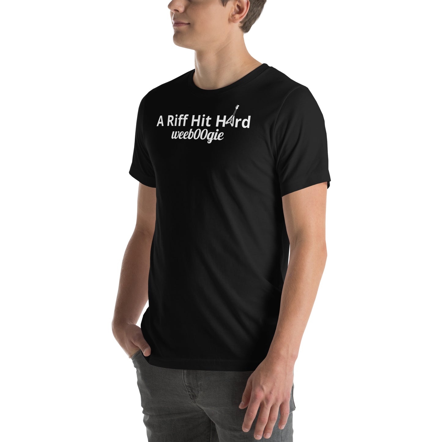 Unisex Staple T-Shirt with 'A Riff Hit Hard' Design and wee b00gie Logo - 100% Airlume Combed Ring-Spun Cotton with Side-Seamed Construction - Classic Fit with Shoulder-to-Shoulder Taping - Perfect for Music Lovers and Dance Enthusiasts - wee b00gie store