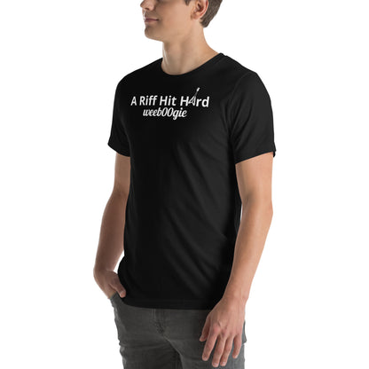 Unisex Staple T-Shirt with 'A Riff Hit Hard' Design and wee b00gie Logo - 100% Airlume Combed Ring-Spun Cotton with Side-Seamed Construction - Classic Fit with Shoulder-to-Shoulder Taping - Perfect for Music Lovers and Dance Enthusiasts - wee b00gie store