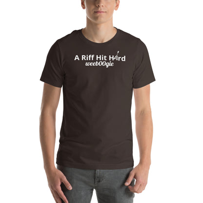 Unisex Staple T-Shirt with 'A Riff Hit Hard' Design and wee b00gie Logo - 100% Airlume Combed Ring-Spun Cotton with Side-Seamed Construction - Classic Fit with Shoulder-to-Shoulder Taping - Perfect for Music Lovers and Dance Enthusiasts - wee b00gie store