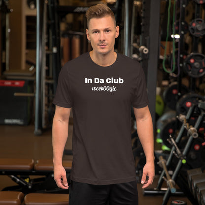 Unisex Staple T-Shirt with 'In Da Club' Design and wee b00gie Logo - 100% Airlume Combed Ring-Spun Cotton with Side-Seamed Construction - Classic Fit with Shoulder-to-Shoulder Taping - Perfect for Music Lovers and Dance Enthusiasts - wee b00gie store