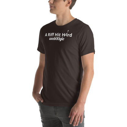 Unisex Staple T-Shirt with 'A Riff Hit Hard' Design and wee b00gie Logo - 100% Airlume Combed Ring-Spun Cotton with Side-Seamed Construction - Classic Fit with Shoulder-to-Shoulder Taping - Perfect for Music Lovers and Dance Enthusiasts - wee b00gie store