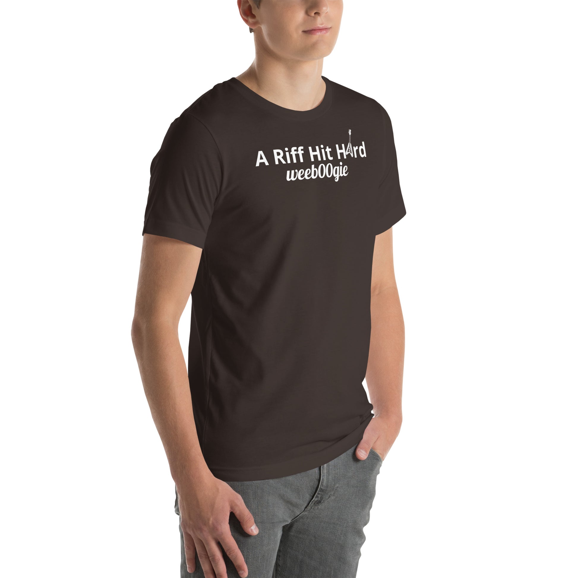 Unisex Staple T-Shirt with 'A Riff Hit Hard' Design and wee b00gie Logo - 100% Airlume Combed Ring-Spun Cotton with Side-Seamed Construction - Classic Fit with Shoulder-to-Shoulder Taping - Perfect for Music Lovers and Dance Enthusiasts - wee b00gie store