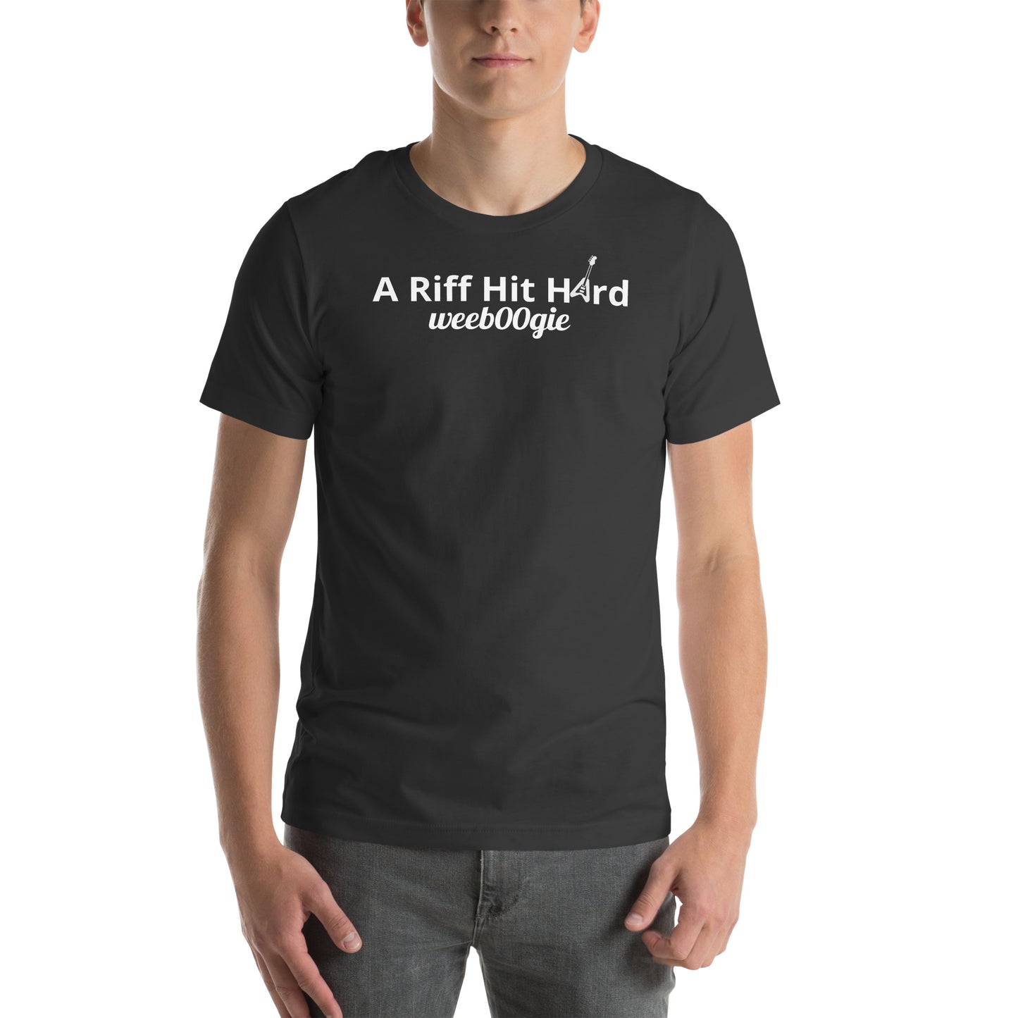 Unisex Staple T-Shirt with 'A Riff Hit Hard' Design and wee b00gie Logo - 100% Airlume Combed Ring-Spun Cotton with Side-Seamed Construction - Classic Fit with Shoulder-to-Shoulder Taping - Perfect for Music Lovers and Dance Enthusiasts - wee b00gie store