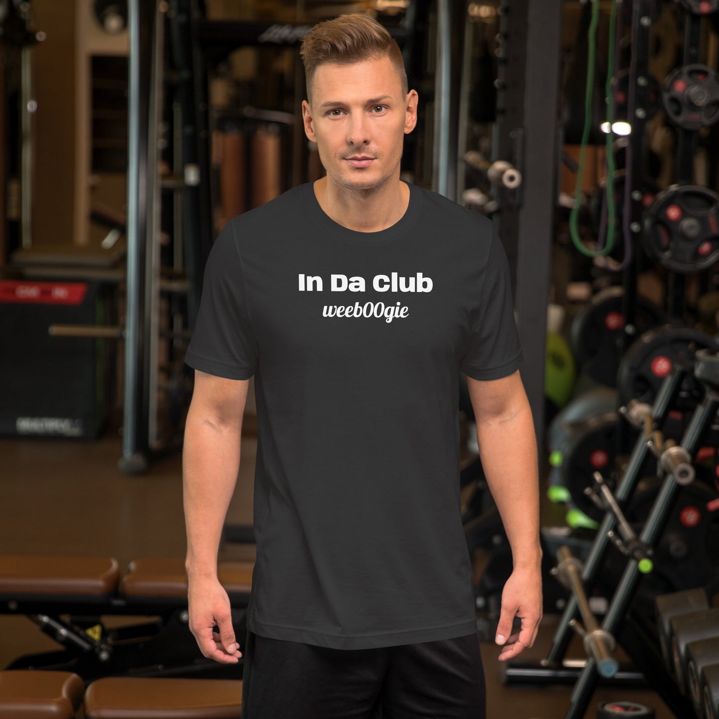 Unisex Staple T-Shirt with 'In Da Club' Design and wee b00gie Logo - 100% Airlume Combed Ring-Spun Cotton with Side-Seamed Construction - Classic Fit with Shoulder-to-Shoulder Taping - Perfect for Music Lovers and Dance Enthusiasts - wee b00gie store