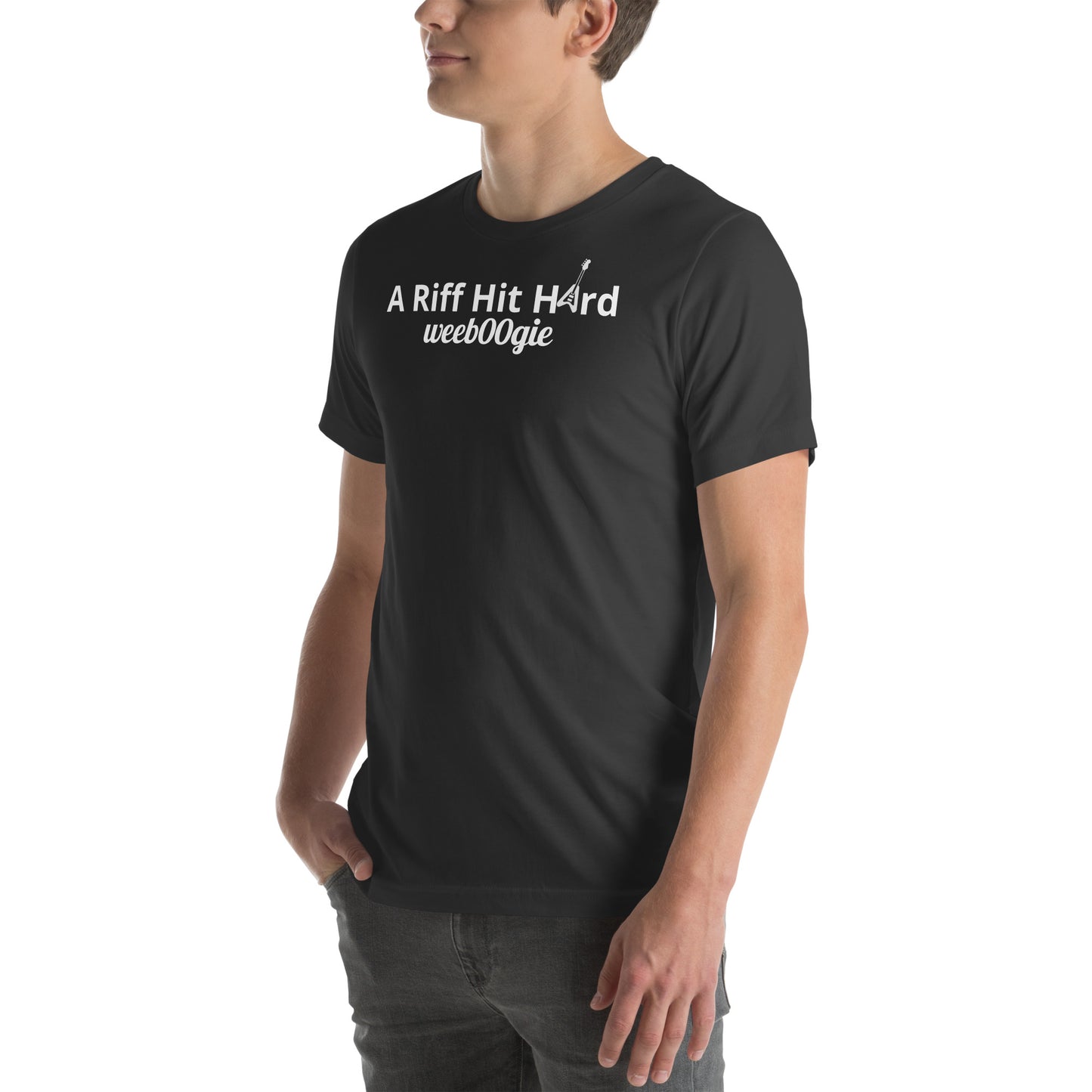 Unisex Staple T-Shirt with 'A Riff Hit Hard' Design and wee b00gie Logo - 100% Airlume Combed Ring-Spun Cotton with Side-Seamed Construction - Classic Fit with Shoulder-to-Shoulder Taping - Perfect for Music Lovers and Dance Enthusiasts - wee b00gie store