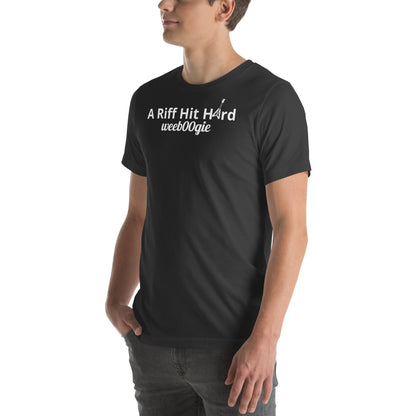 Unisex Staple T-Shirt with 'A Riff Hit Hard' Design and wee b00gie Logo - 100% Airlume Combed Ring-Spun Cotton with Side-Seamed Construction - Classic Fit with Shoulder-to-Shoulder Taping - Perfect for Music Lovers and Dance Enthusiasts - wee b00gie store