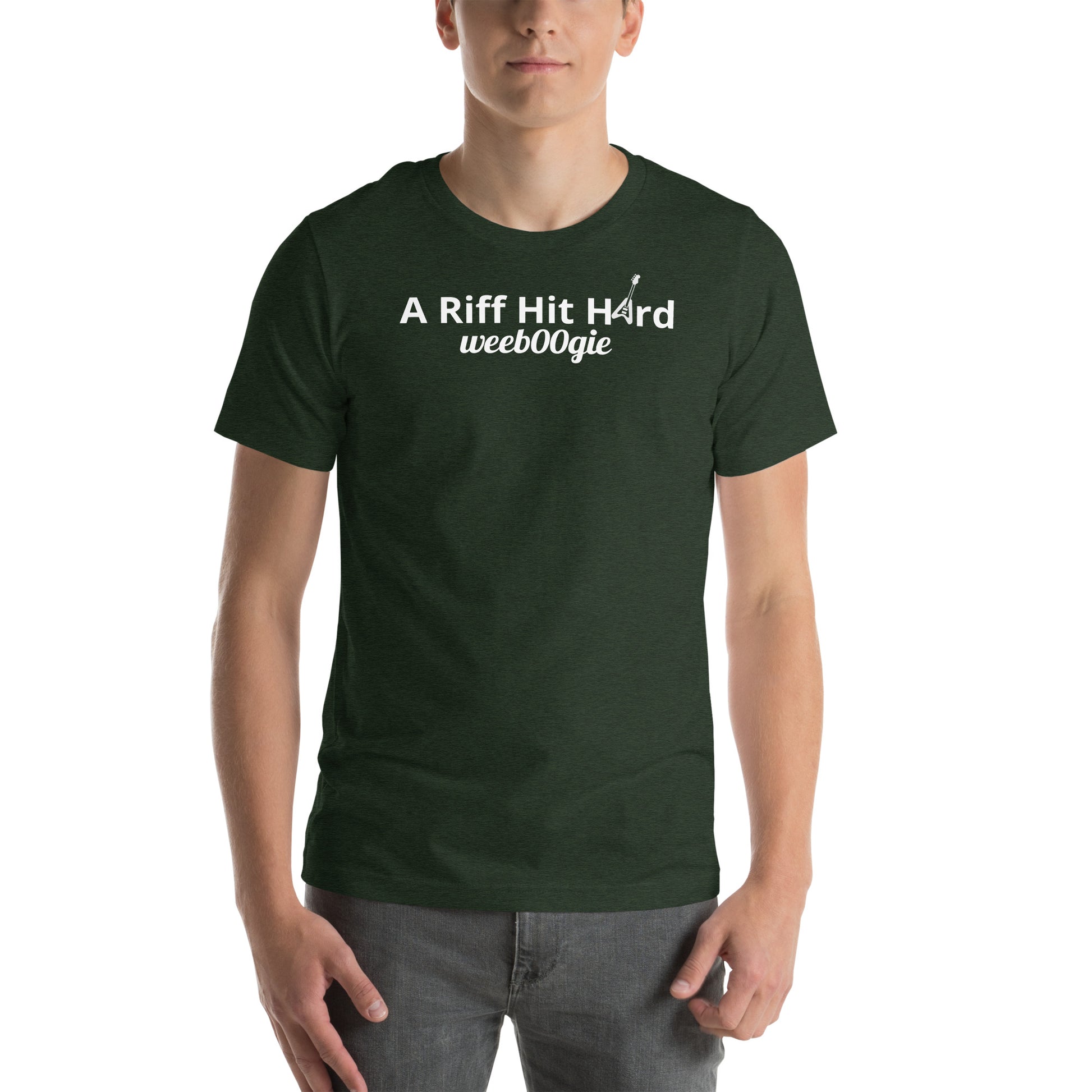 Unisex Staple T-Shirt with 'A Riff Hit Hard' Design and wee b00gie Logo - 100% Airlume Combed Ring-Spun Cotton with Side-Seamed Construction - Classic Fit with Shoulder-to-Shoulder Taping - Perfect for Music Lovers and Dance Enthusiasts - wee b00gie store