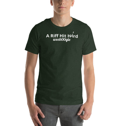 Unisex Staple T-Shirt with 'A Riff Hit Hard' Design and wee b00gie Logo - 100% Airlume Combed Ring-Spun Cotton with Side-Seamed Construction - Classic Fit with Shoulder-to-Shoulder Taping - Perfect for Music Lovers and Dance Enthusiasts - wee b00gie store