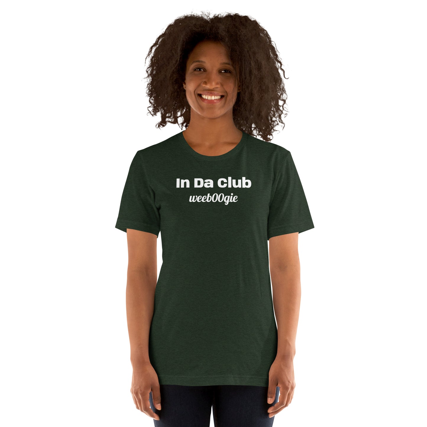 Unisex Staple T-Shirt with 'In Da Club' Design and wee b00gie Logo - 100% Airlume Combed Ring-Spun Cotton with Side-Seamed Construction - Classic Fit with Shoulder-to-Shoulder Taping - Perfect for Music Lovers and Dance Enthusiasts - wee b00gie store