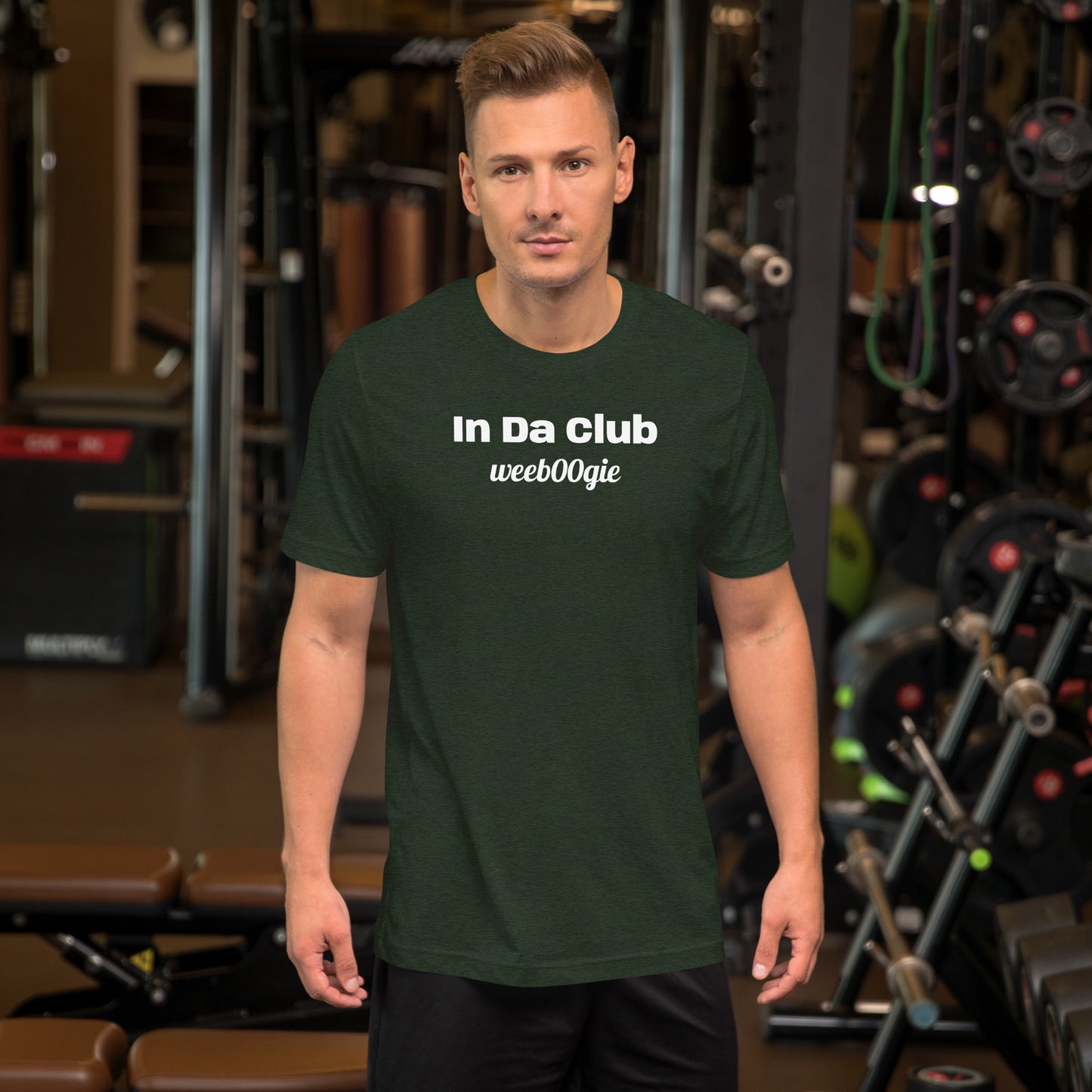 Unisex Staple T-Shirt with 'In Da Club' Design and wee b00gie Logo - 100% Airlume Combed Ring-Spun Cotton with Side-Seamed Construction - Classic Fit with Shoulder-to-Shoulder Taping - Perfect for Music Lovers and Dance Enthusiasts - wee b00gie store