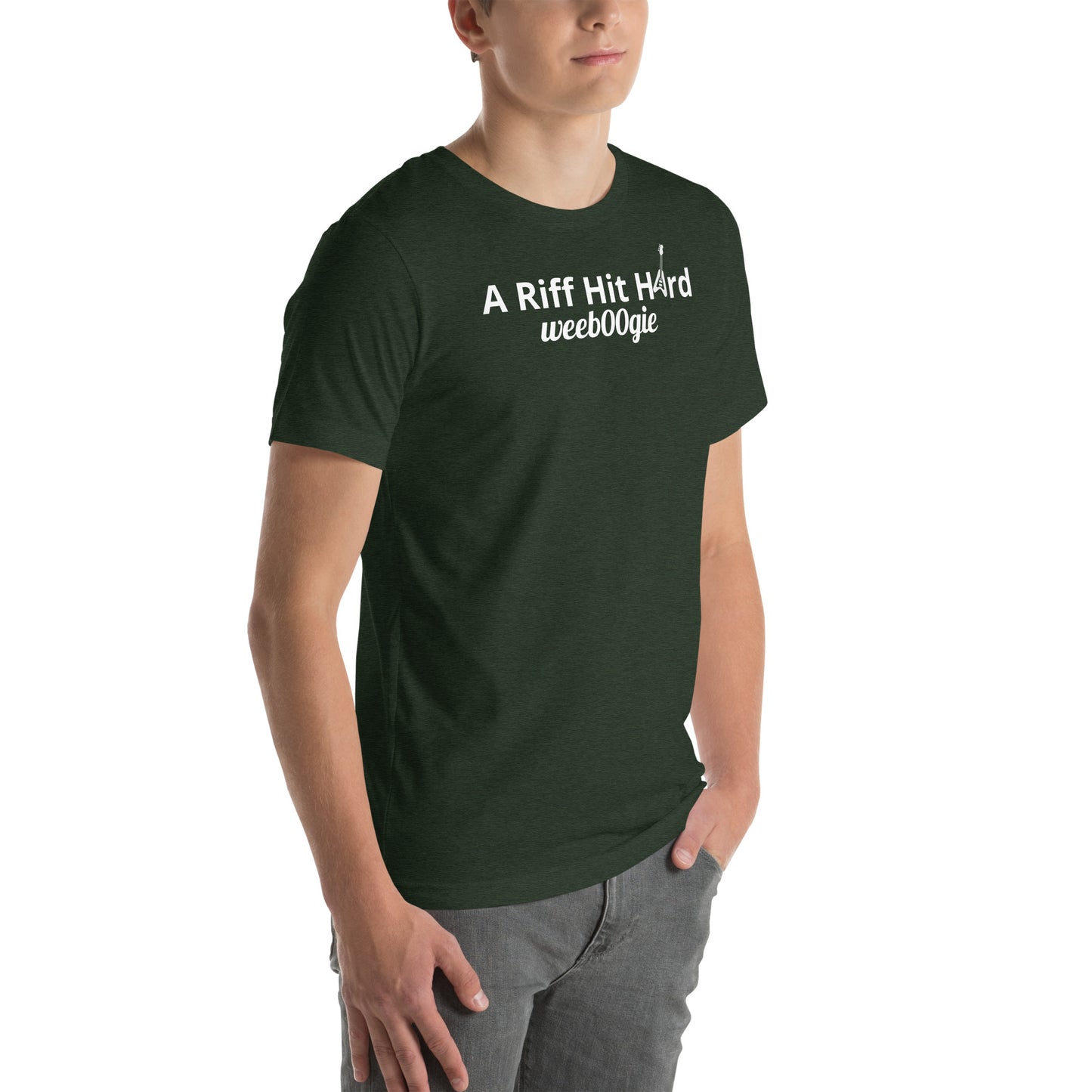 Unisex Staple T-Shirt with 'A Riff Hit Hard' Design and wee b00gie Logo - 100% Airlume Combed Ring-Spun Cotton with Side-Seamed Construction - Classic Fit with Shoulder-to-Shoulder Taping - Perfect for Music Lovers and Dance Enthusiasts - wee b00gie store
