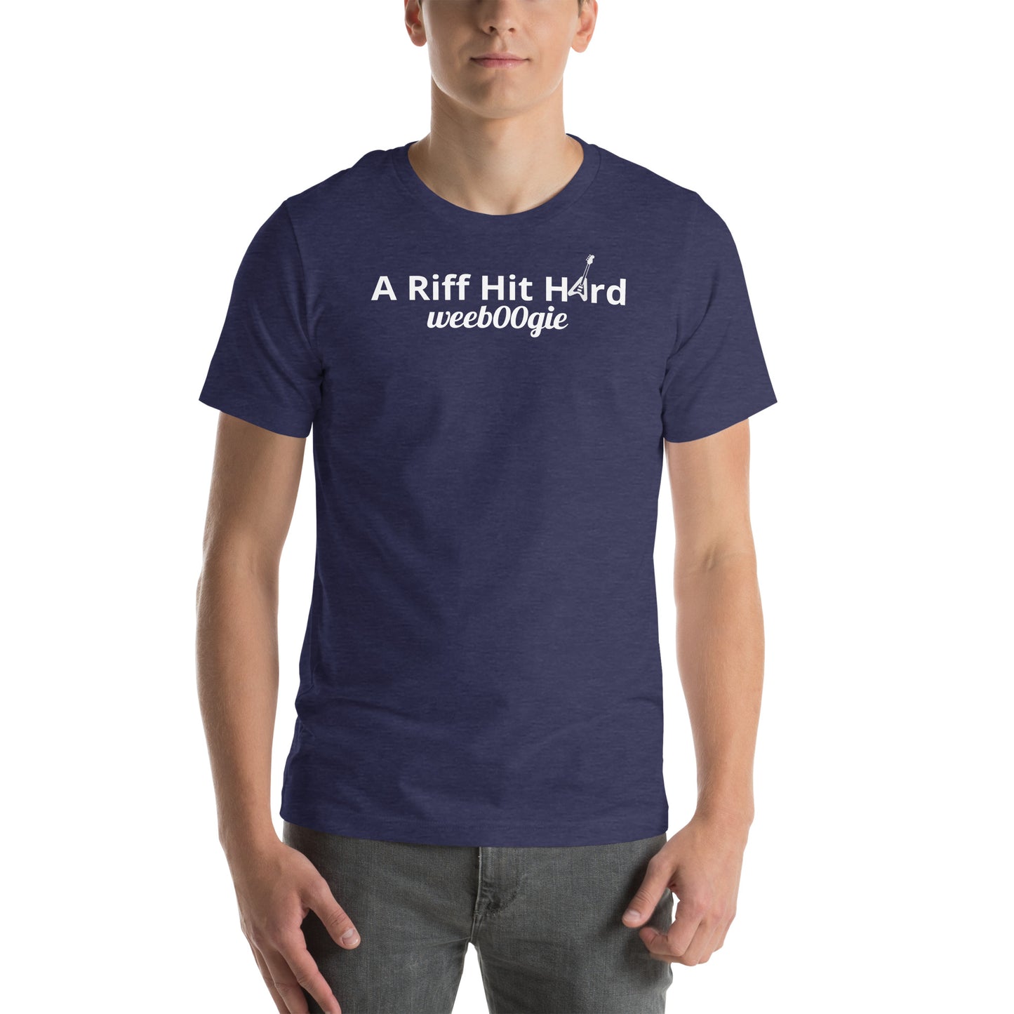 Unisex Staple T-Shirt with 'A Riff Hit Hard' Design and wee b00gie Logo - 100% Airlume Combed Ring-Spun Cotton with Side-Seamed Construction - Classic Fit with Shoulder-to-Shoulder Taping - Perfect for Music Lovers and Dance Enthusiasts - wee b00gie store