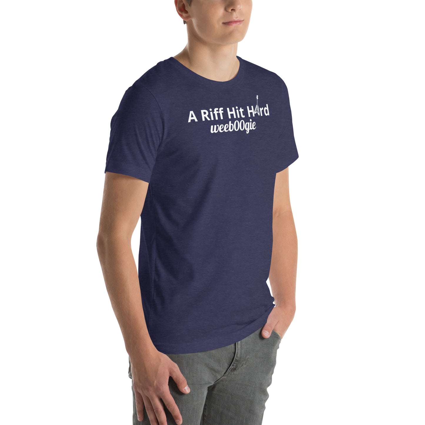 Unisex Staple T-Shirt with 'A Riff Hit Hard' Design and wee b00gie Logo - 100% Airlume Combed Ring-Spun Cotton with Side-Seamed Construction - Classic Fit with Shoulder-to-Shoulder Taping - Perfect for Music Lovers and Dance Enthusiasts - wee b00gie store