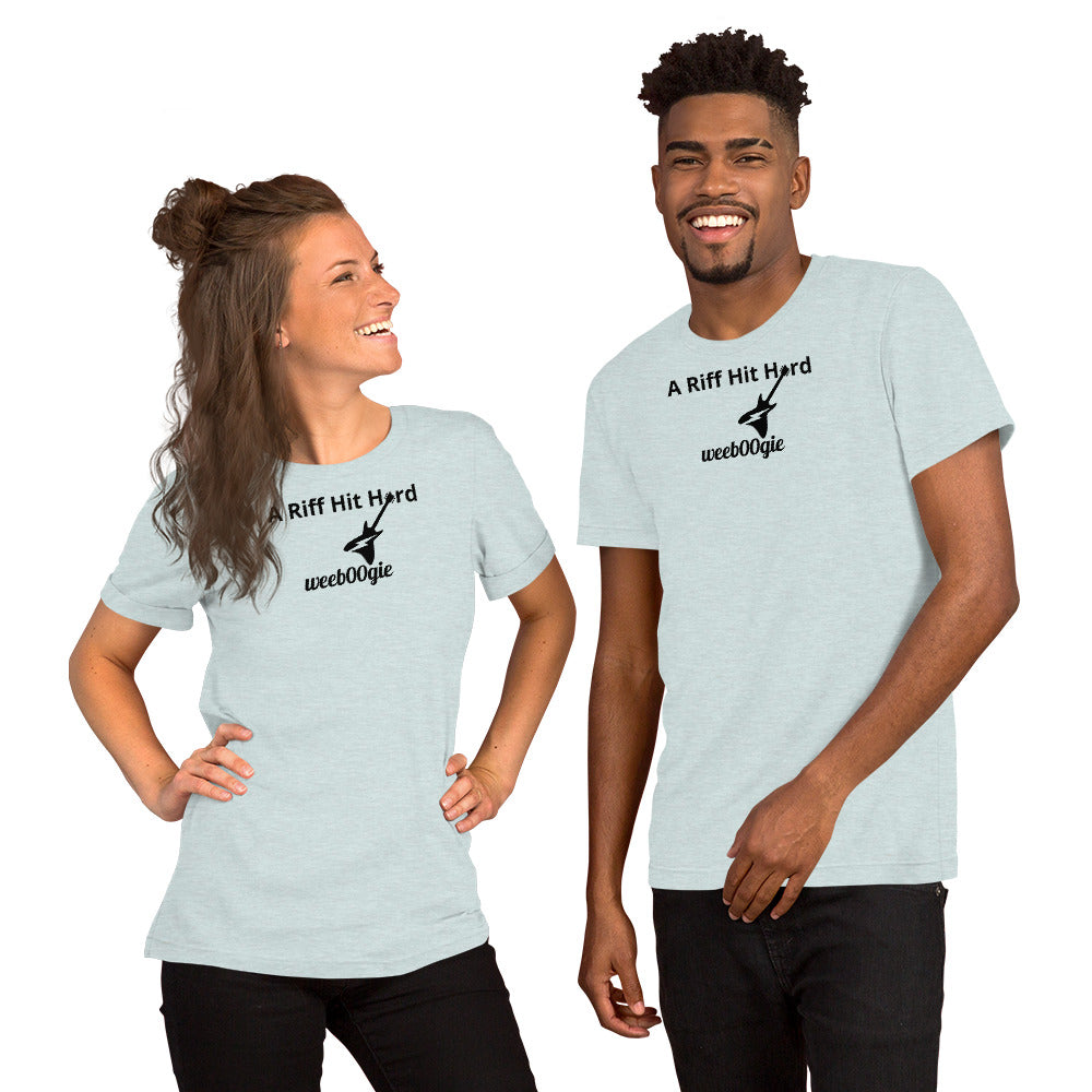 Unisex Staple T-Shirt with 'A Riff Hit Hard' Design and wee b00gie Logo - 100% Airlume Combed Ring-Spun Cotton with Side-Seamed Construction - Classic Fit with Shoulder-to-Shoulder Taping - Perfect for Music Lovers and Dance Enthusiasts - wee b00gie store