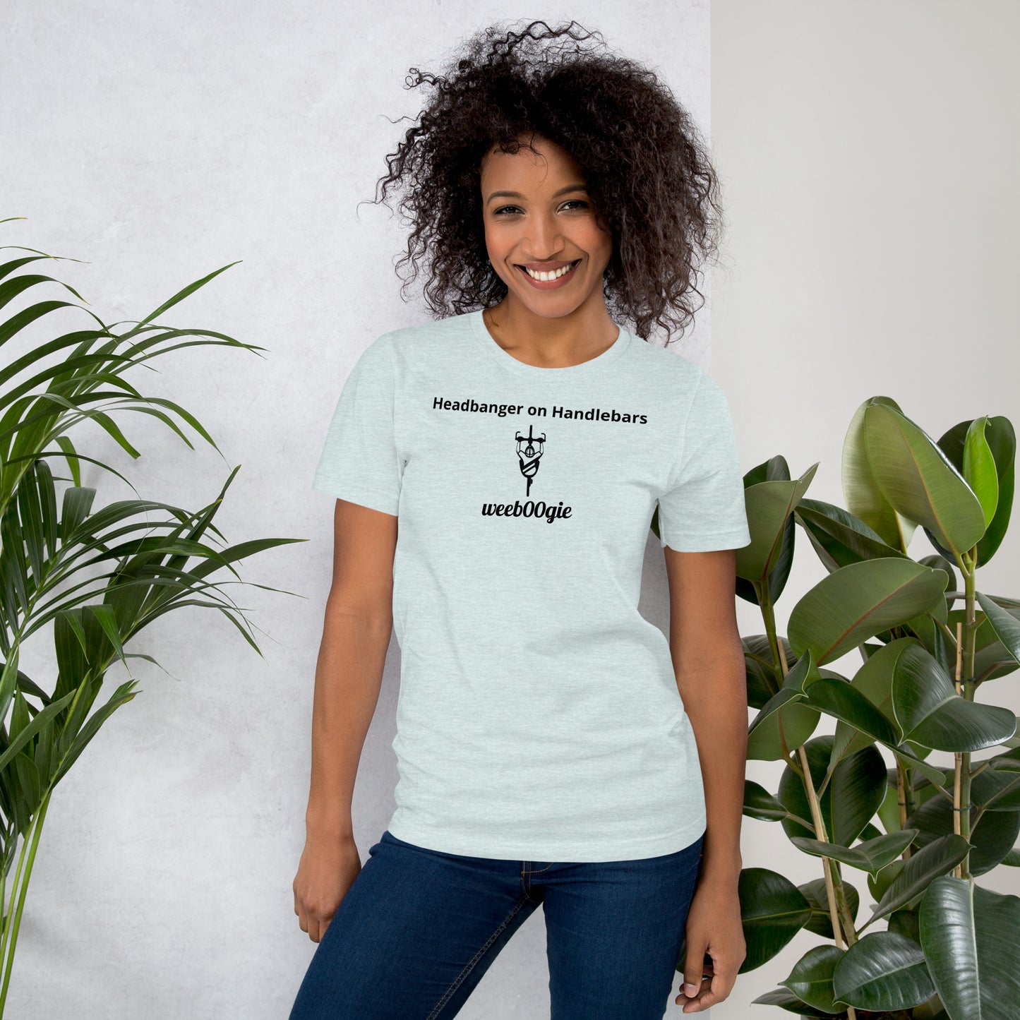  Unisex Staple T-Shirt with 'Headbanger on Handlebars' Design and wee b00gie Logo - 100% Airlume Combed Ring-Spun Cotton with Side-Seamed Construction - Classic Fit with Shoulder-to-Shoulder Taping - Perfect for Cyclists and Music Lovers - wee b00gie store