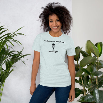  Unisex Staple T-Shirt with 'Headbanger on Handlebars' Design and wee b00gie Logo - 100% Airlume Combed Ring-Spun Cotton with Side-Seamed Construction - Classic Fit with Shoulder-to-Shoulder Taping - Perfect for Cyclists and Music Lovers - wee b00gie store