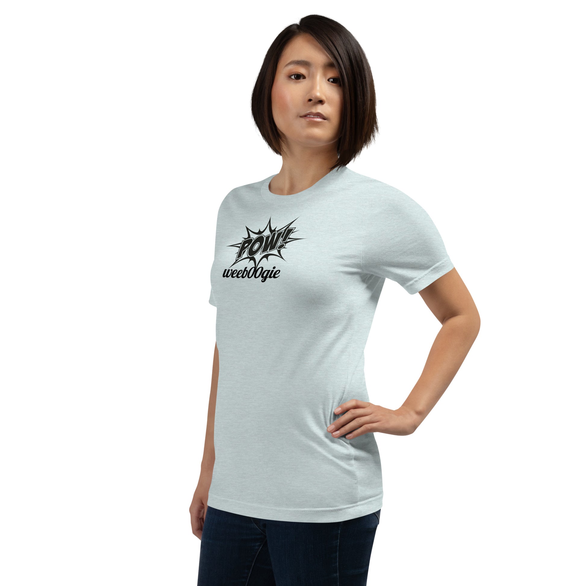 Unisex Staple T-Shirt with Comic Book Style Word POW and wee b00gie Logo - 100% Airlume Combed Ring-Spun Cotton with Side-Seamed Construction - Classic Fit with Shoulder-to-Shoulder Taping - Perfect for Dance Enthusiasts and Comic Book Fans - wee b00gie store