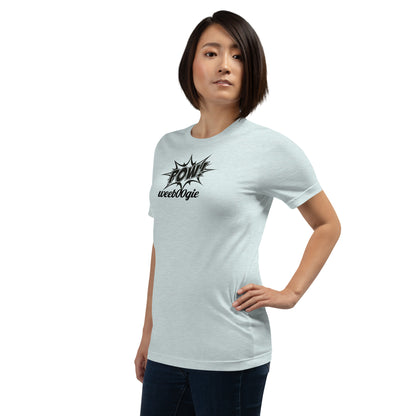 Unisex Staple T-Shirt with Comic Book Style Word POW and wee b00gie Logo - 100% Airlume Combed Ring-Spun Cotton with Side-Seamed Construction - Classic Fit with Shoulder-to-Shoulder Taping - Perfect for Dance Enthusiasts and Comic Book Fans - wee b00gie store
