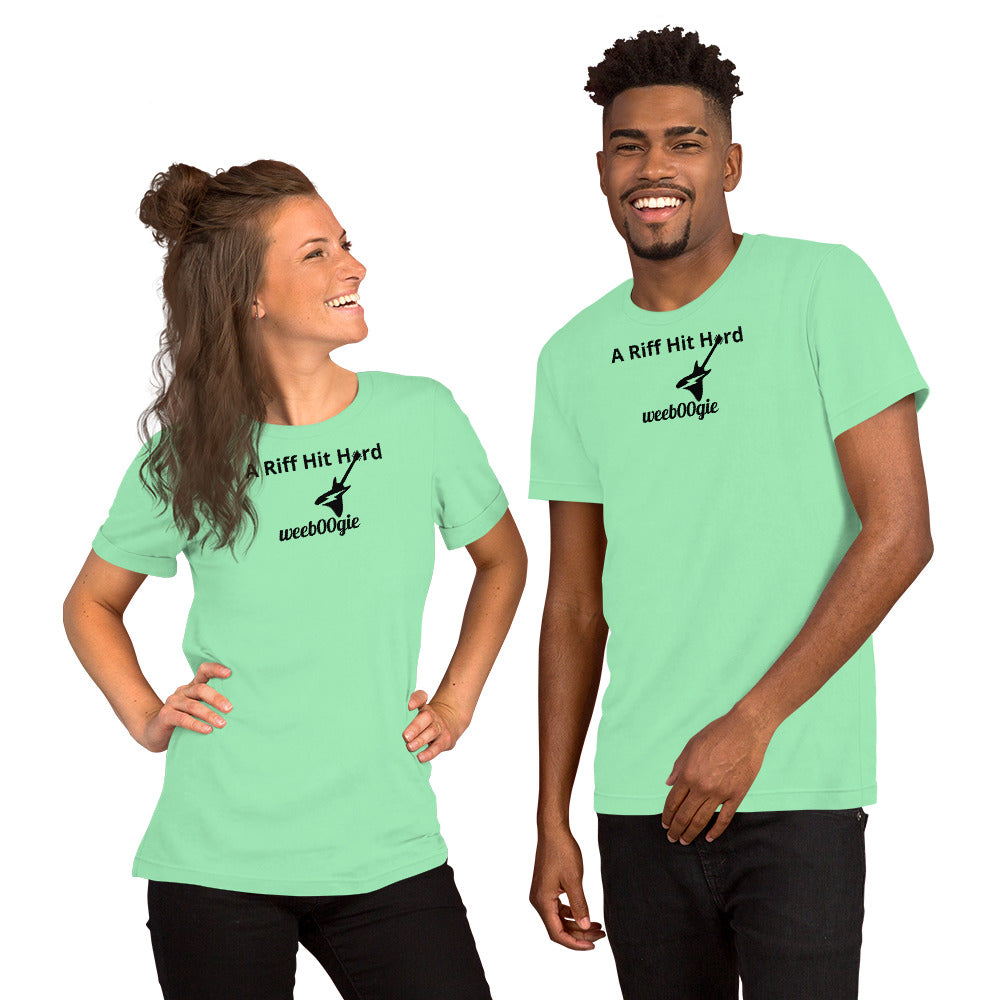Unisex Staple T-Shirt with 'A Riff Hit Hard' Design and wee b00gie Logo - 100% Airlume Combed Ring-Spun Cotton with Side-Seamed Construction - Classic Fit with Shoulder-to-Shoulder Taping - Perfect for Music Lovers and Dance Enthusiasts - wee b00gie store