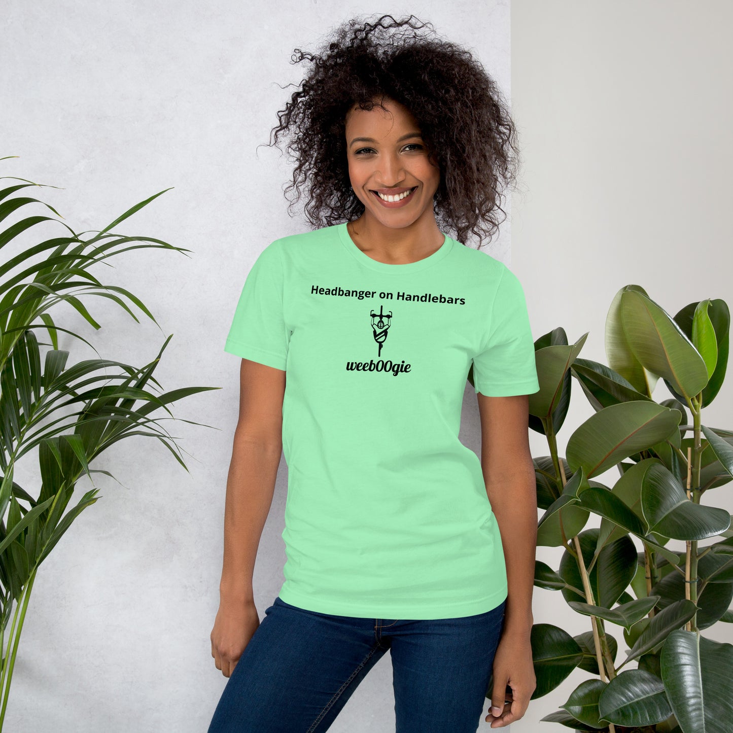  Unisex Staple T-Shirt with 'Headbanger on Handlebars' Design and wee b00gie Logo - 100% Airlume Combed Ring-Spun Cotton with Side-Seamed Construction - Classic Fit with Shoulder-to-Shoulder Taping - Perfect for Cyclists and Music Lovers - wee b00gie store