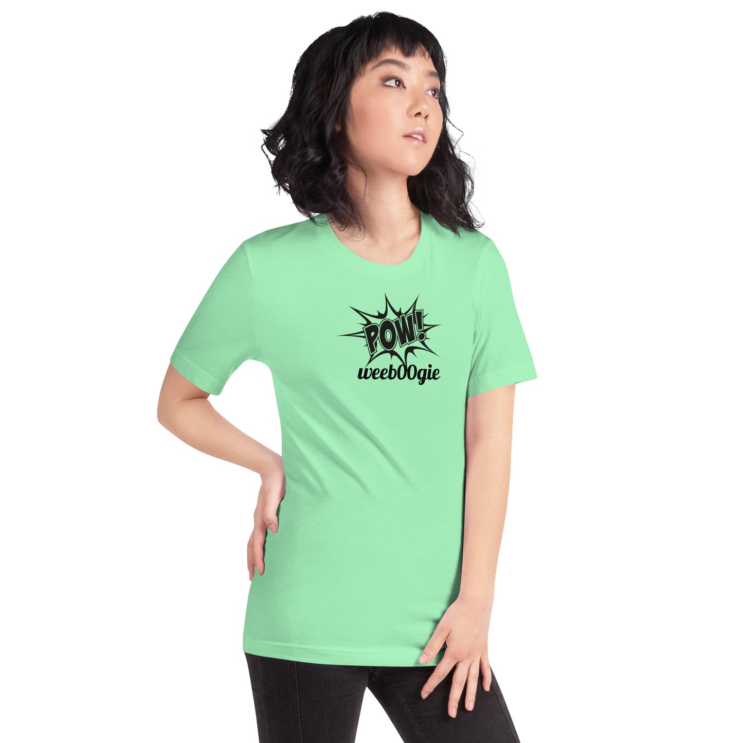 Unisex Staple T-Shirt with Comic Book Style Word POW and wee b00gie Logo - 100% Airlume Combed Ring-Spun Cotton with Side-Seamed Construction - Classic Fit with Shoulder-to-Shoulder Taping - Perfect for Dance Enthusiasts and Comic Book Fans - wee b00gie store